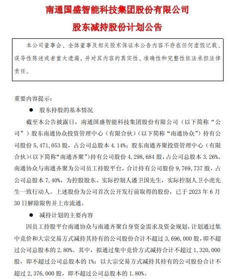 配先查 国盛智科：员工持股平台南通协众与南通齐聚拟合计减持不超369.6万股